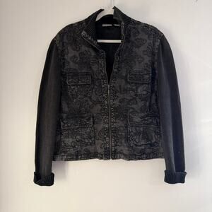 Vintage Chico's 100% Cotton Floral Embroidered Zip Up Knit Sleeve Jacket Size 3